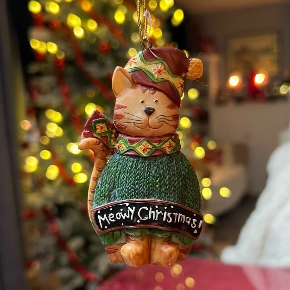 Meowy Christmas Cat Ornament Christmas Kitty Tabby Sweater Scarf Stocking Hat